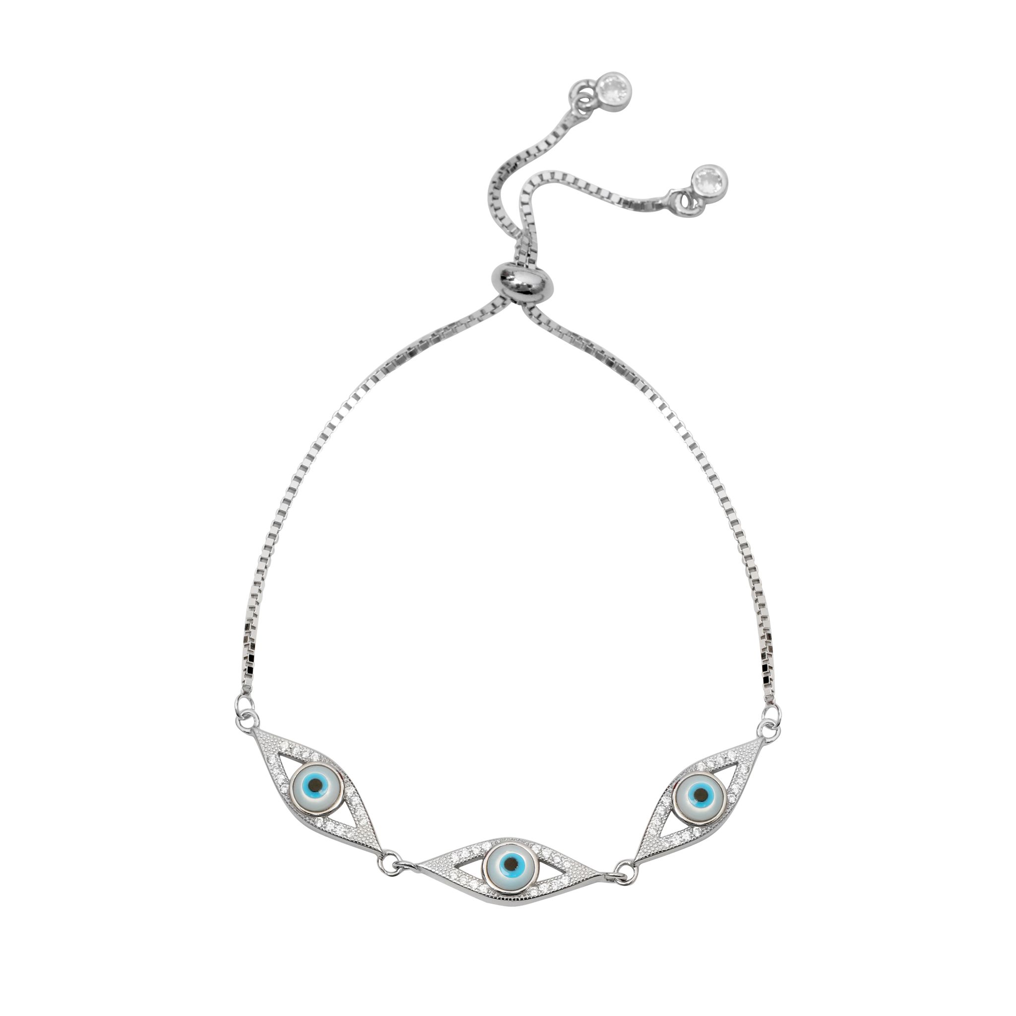 925 Sterling Silver Evil Eye Adjustable Bracelet with Blue CZ Stones for Women & Girls | Protection Charm Bracelet