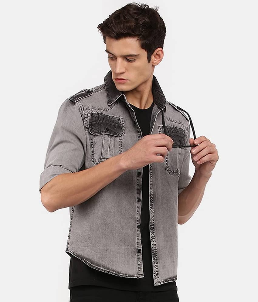 VOXATI Denim Regular Fit Solids Full Sleeves Men's Casual Shirt - Grey ( Pack of 1 )