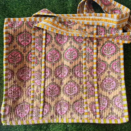 Handblock Printed Quilted Tote Bag with concealed zip ( 17x18x 6 inches)