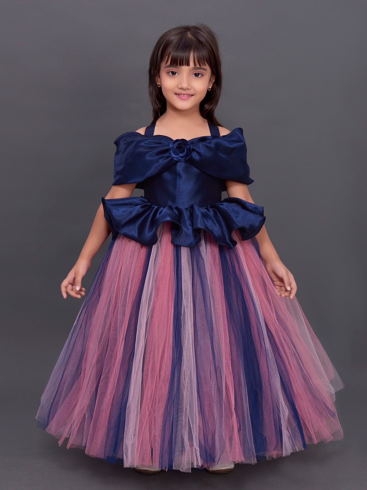 Off Shoulder Navy  Peplum  Tutu Gown-5-6Y / Navy Blue