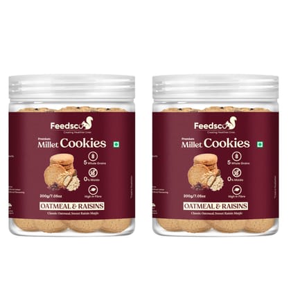 Feedsco Millet Oatmeal & Raisins Cookies (200g x 2 Packs) - Multigrain, Premium Handmade Healthy Snack Biscuits | No Preservatives | Ideal Kids Snack, Tiffin Box Treat