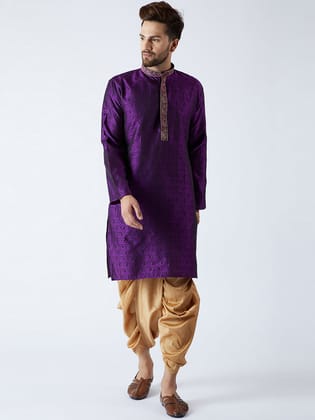Men's Purple & Gold Silk Blend Kurta & Dhoti Set-38