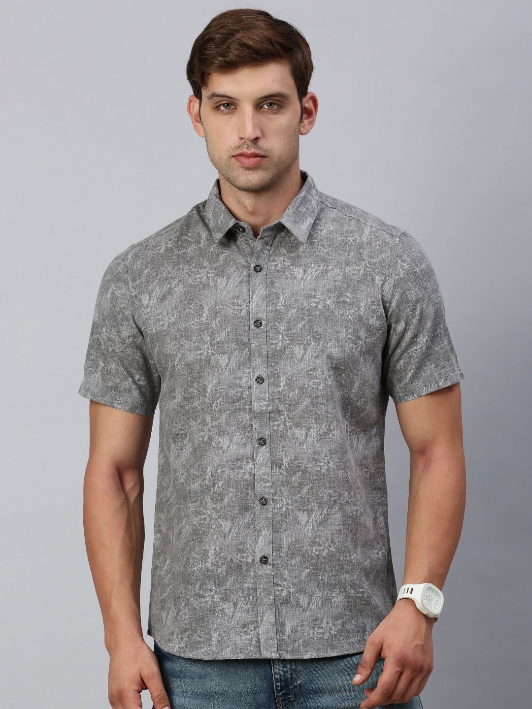 Classic Polo Men's Half Sleeve Charcoal Grey Slim Fit Printed Casual Shirt | SP2-EL-17 A-HS-PRT-SF