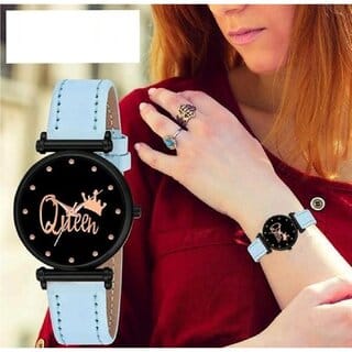 Bolun Queen Dial Rose Rl Cash Leather SkyBlue Belt Analog Women and Girls WatchCvvm452