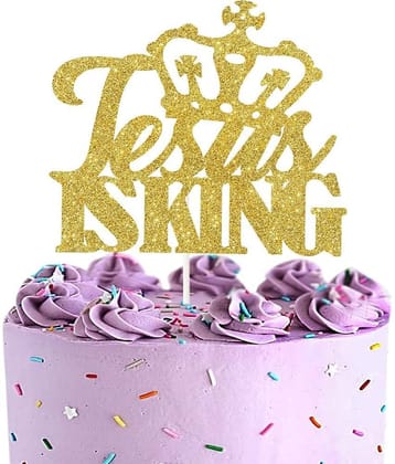 Zyozi Jesus is King Cake Topper, Gold Glitter- Merry Christmas Cake Decor- Nativity Scene Religious Decorations Supplies