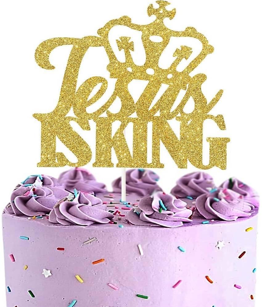 Zyozi Jesus is King Cake Topper, Gold Glitter- Merry Christmas Cake Decor- Nativity Scene Religious Decorations Supplies
