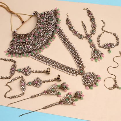 Pink & Pista Green Color Kundan Dulhan Set (BDL264PNKPGRN)-Adjustable Rope / Green / Alloy With Good Quality Mehandi Gold Plated