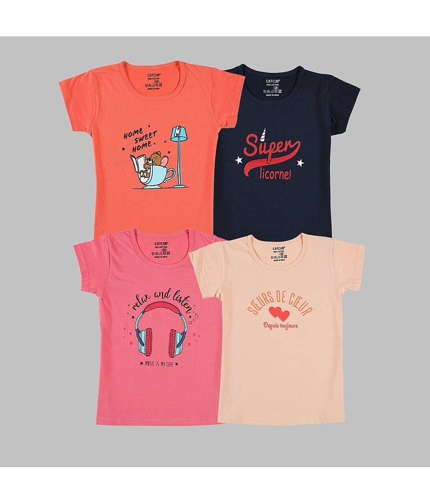 CATCUB Pack of 4 Girls 100% Cotton T-Shirt ( Multicolor )
