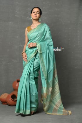 Tyohaar ~ Exclusive! Cotton By Silk Handloom Saree By Khadigram Certified Weavers - Sea Green