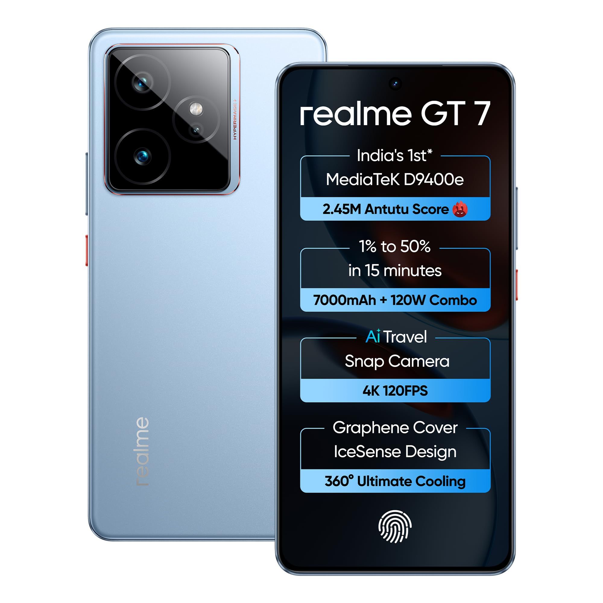 realme GT 7 (IceSense Blue,12GB+256GB) | India's 1st MediaTek Dimensity 9400e Chipset | Strongest Battery Combo 7000mAh + 120W | AI 4K 120FPS Travel Camera | 360 Cooling IceSense Design with Graphene realme GT 7 (IceSense Blue,12GB+256GB) | India's 1st M