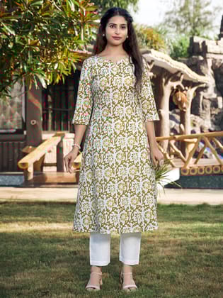 White And Brown A-line Cotton Blend Notch Neck Kurta-Pant-S