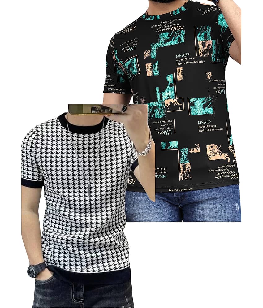 FABRIPPLE Polyester Regular Fit Self Design Half Sleeves Men's Round T-Shirt - Multicolor ( Pack of 2 )