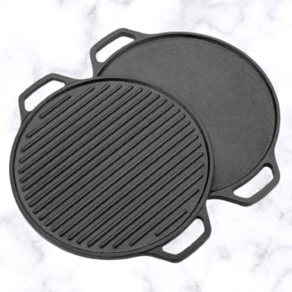 Softel Cast Iron 30 cm 2-In-1 Grill & Griddle (Grill pan + Dosa Tawa) | Black
