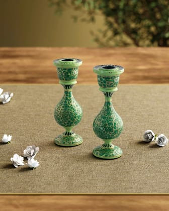 Hand Painted Papier Mache Candle Stands Green - 5.5 x 2.3-Light Green, Dark Green / Papier Mache / 5.5 Inches x 2.3 Inches