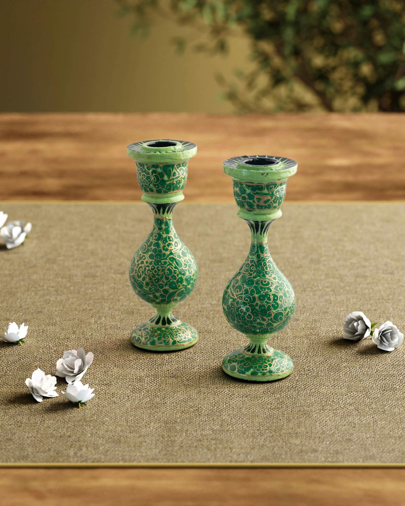 Hand Painted Papier Mache Candle Stands Green - 5.5 x 2.3-Light Green, Dark Green / Papier Mache / 5.5 Inches x 2.3 Inches