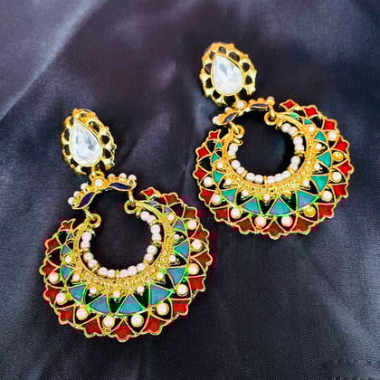 Gold Maroon Green Meenakari Large Chaand Bali Earring For Women