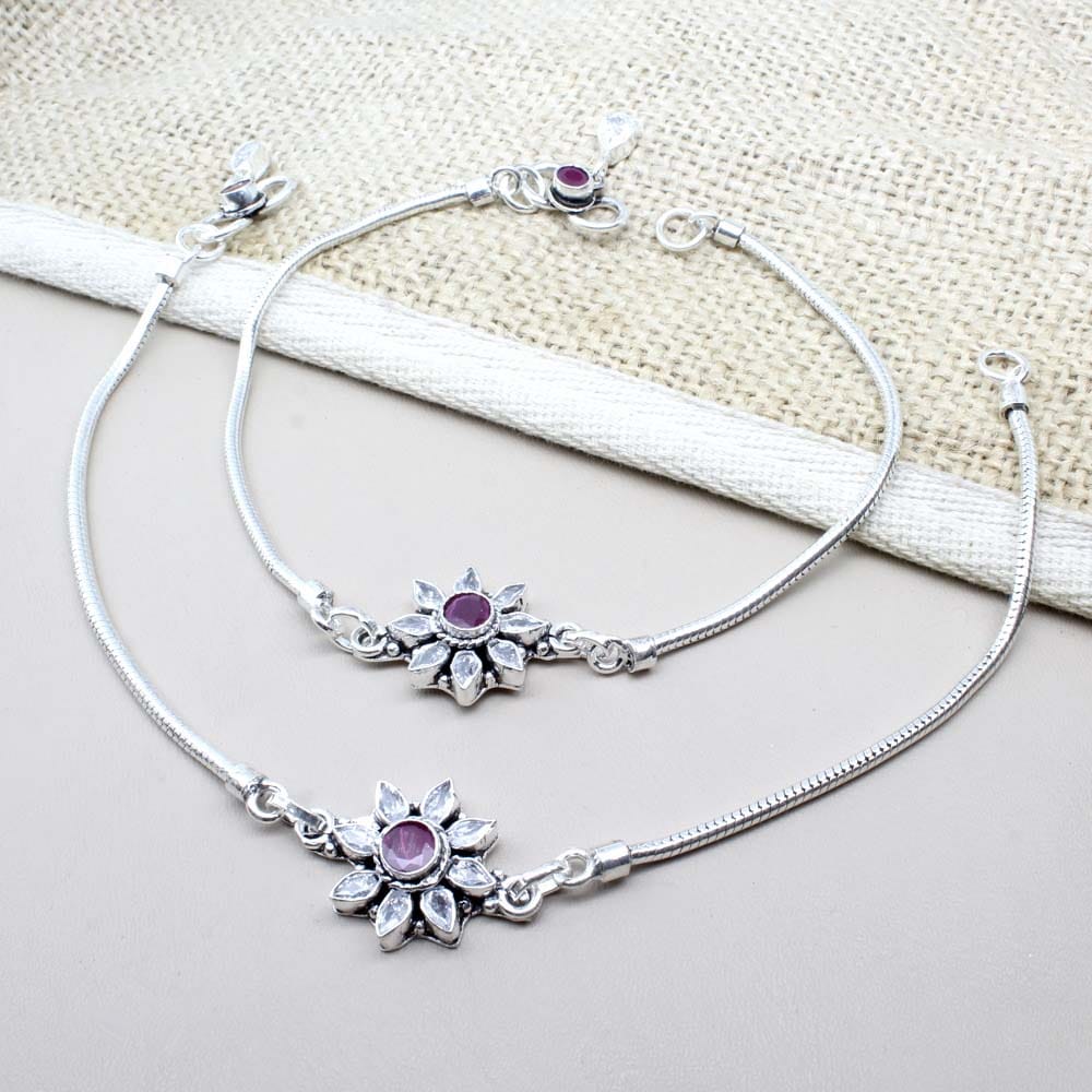 Indian Oxidized Ethnic 925 Real Sterling Silver CZ Anklets Ankle 10.5"