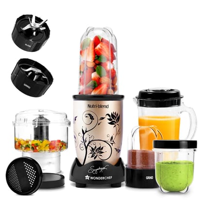 Wonderchef Nutri-blend Juicer, Mixer, Grinder & Chopper|500W 100% Full Copper Motor|Complete Kitchen Machine|4 Unbreakable Jars with Chopper|Recipe Book By Chef Sanjeev Kapoor|Champagne Wonderchef Nutri-blend Juicer, Mixer, Grinder & Chopper|500W 100% Fu