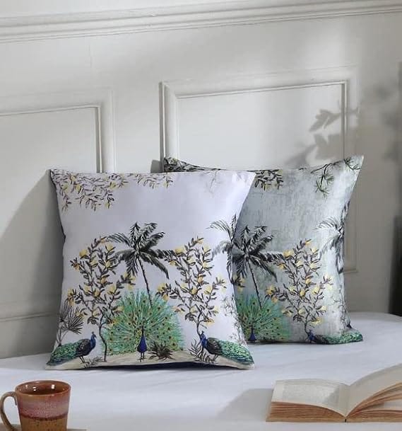 Koko Decorative Polyester Cushion Covers - 16x16 Inch Natural Soft Textured Dancing Peacock Silver Design | Bed, Sofa, Chair (Set of 2)