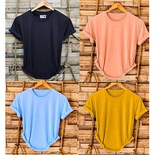 Fashlook Solid Round Neck Polyester Casual Multicolor Half Sleeve T-Shirt For Mens (Pack of 4)