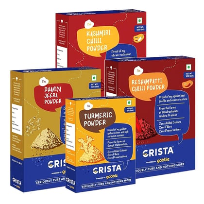 CRISTA Kitchen Ground Spices (Masala) Basics Combo Pack (Kashmiri Chilli Powder 500 gm, Reshampatti Powder 500 gm, Turmeric Powder 100 gm & Dhaniya Jeera Powder 500 gm) - Pack of 4