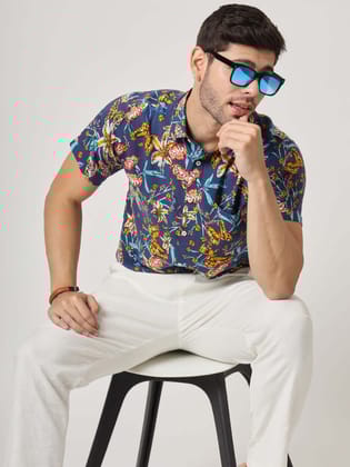 Navy Jungle Print Premium Rayon Shirt-38