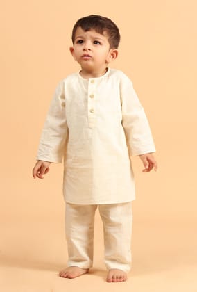 Set of 2- Raif Off White Cotton Kurta & Pyjama-3-4Y