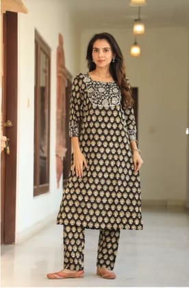 Brown And Beige Cotton Premium And Elegant Kurti With Pant For Women