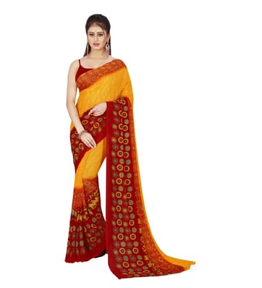Women's Poly Georgette Printed Saree without Blouse (Yellow, Maroon)