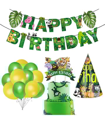 Zyozi Jungle Safari Happy Birthday Decoration Kids,Animal Birthday Banner with Latex Balloon, Cake Topper and Birthday Cap for Boy Birthday 1st 2nd 3rd 16th 18th 21st (Pack of 28)