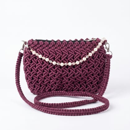 HANDCRAFTED MAROON MACRAME SLING BAG WITH PEARL ACCENTS