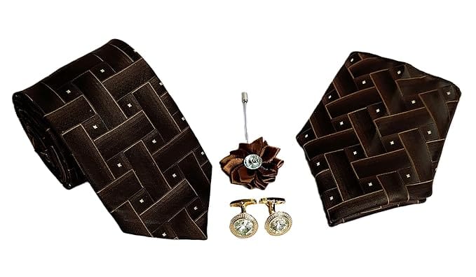 VOICI France Men's Paisley design necktie pocket square and cufflink combo gift set Brown Gold color free size - Brwon gold set