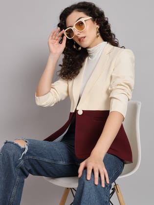 Colour Block Notch Collar Polyester Blazer - Maroon and Off White-S