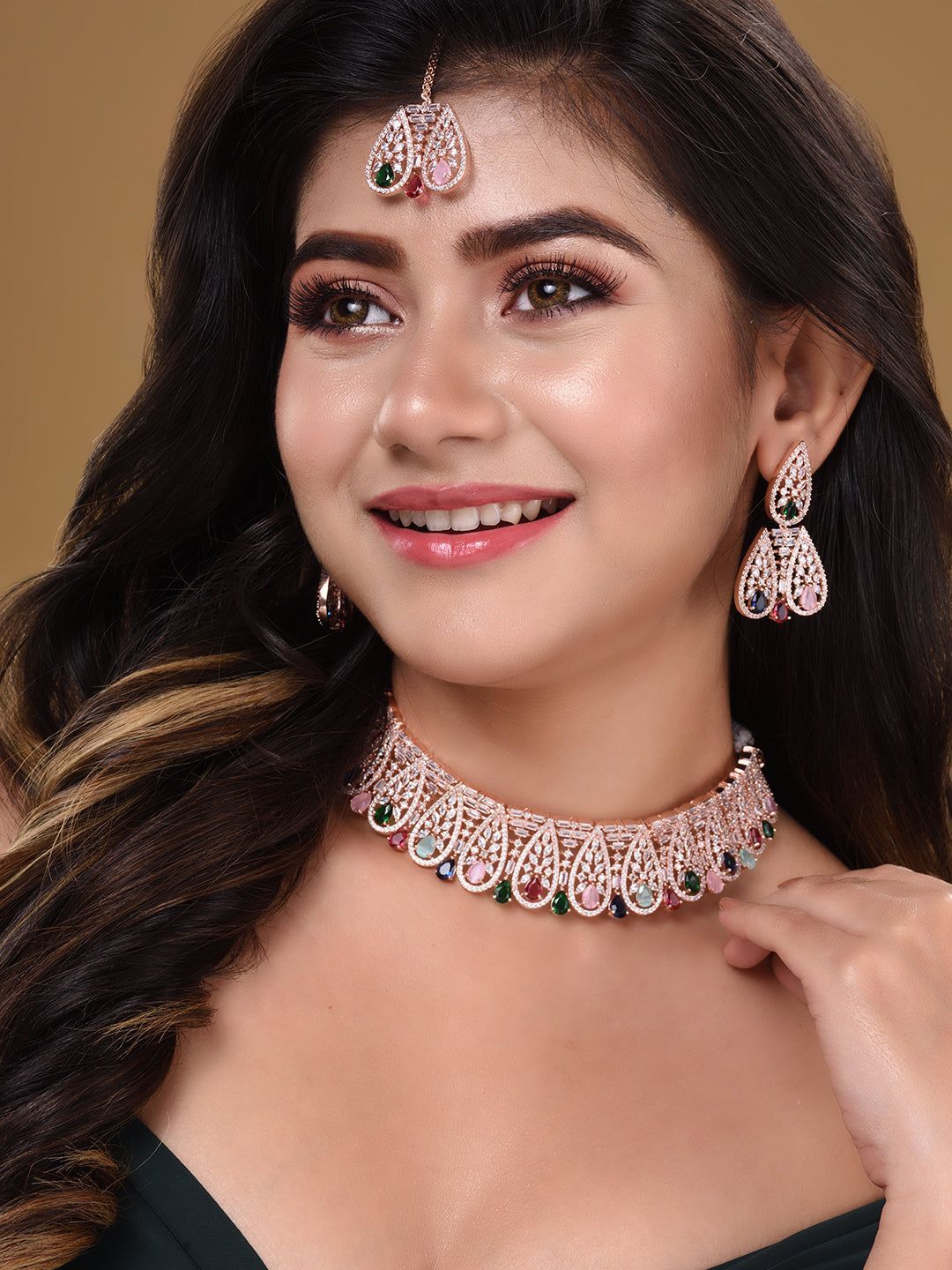 Rose Gold Plated Nav Ratna AD Studded Choker Jewellery Set