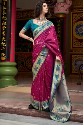 Scarlet Wine Zari Woven Soft Banarasi Silk Saree