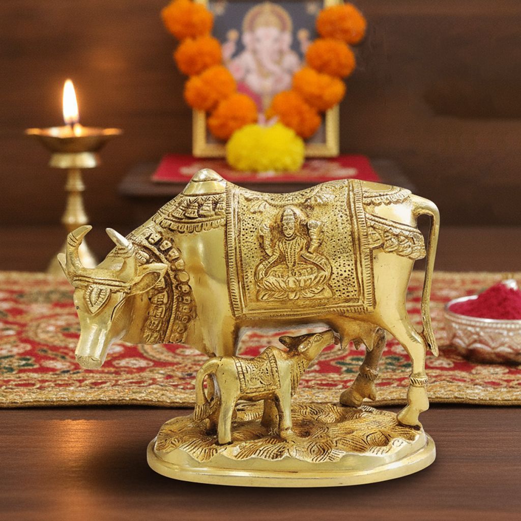 Brass Cow & Calf Showpiece Statue for Home Decor & Vastu, Height : 6.5 Inch (BSMAS1013 C) - Pooja Needs | Buy online on ZillyBuy