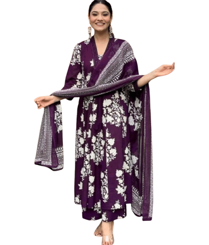 Heavenly Attire Women Cotton Printed Anarkali Kurti With Pants ( Wine )