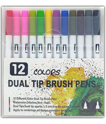 12 Colors Dual Tip Pen Art Markers, Fine Tip Marker & Calligraphy Pens for Journaling, Sketching, Hand Lettering, Coloring Books