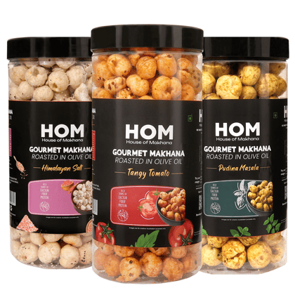 GOURMET MAKHANA Roasted in Olive Oil | Flavors Tangy Tomato, Pudina Masala and Himalayan Salt | Combo Of 3, 65g Each. - 195 gm