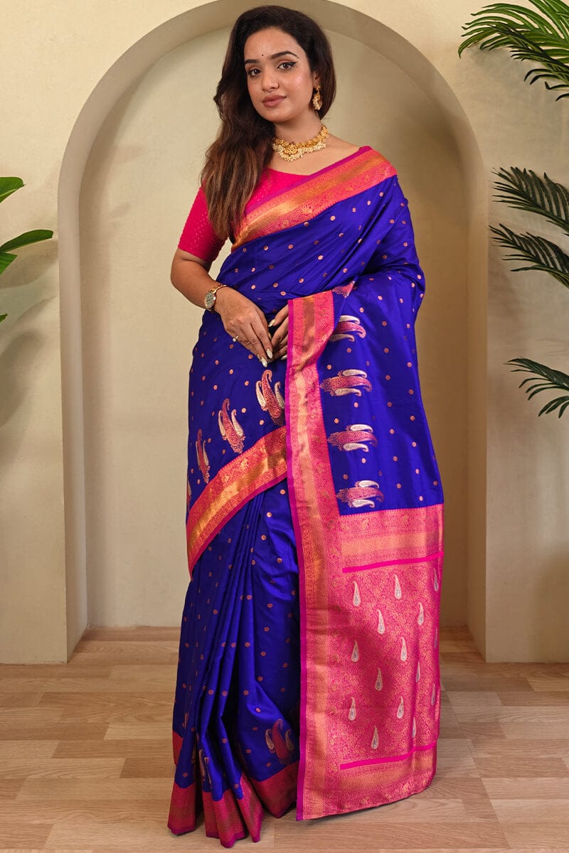 Sapphire Blue Zari Woven Banarasi Soft Silk Saree