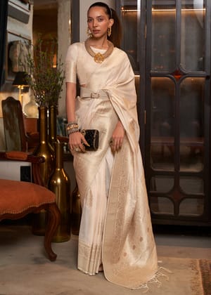 Off White Woven Banarasi Georgette Silk Saree