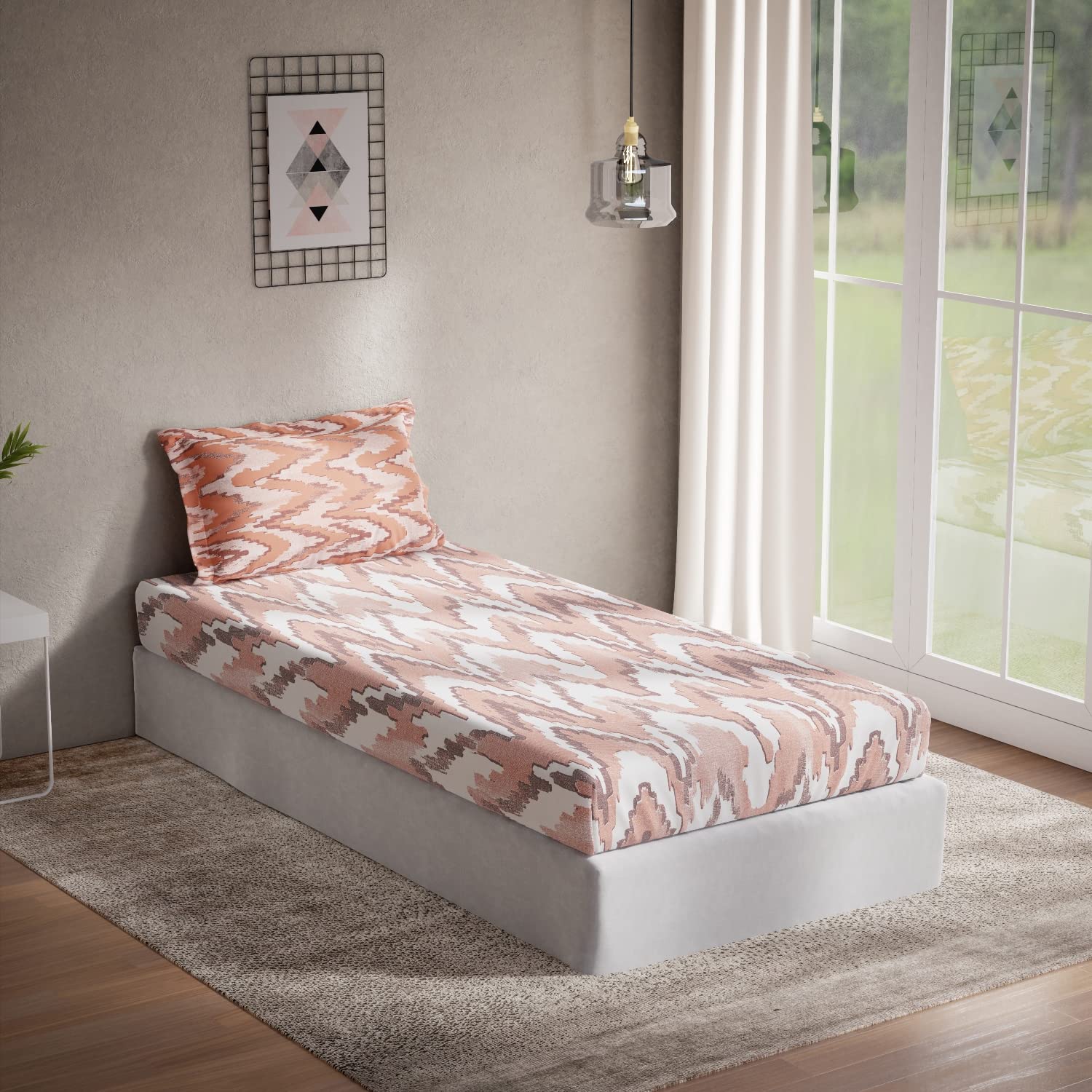 DDECOR - Alpha Collection 100% Cotton Abstract Pattern 144 TC Single Bedsheet|152 CM X 224 CM| - Orange