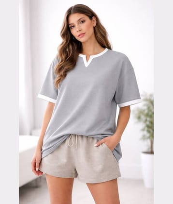RodZen Women Poly Cotton Oversized Fit V-Neck T-Shirt ( Grey )