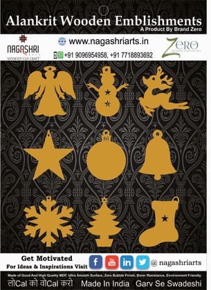 Brand Zero MDF Christmas Ornament Design 4 - Combo of 9 Pcs - 3 Inches Height & 2.5mm Thickness