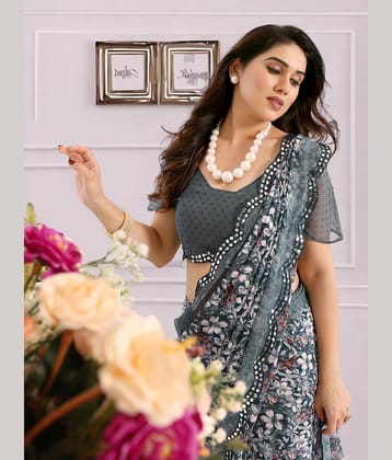 TTH Georgette Printed Saree With Unstitched Blouse Piece ( Blue )