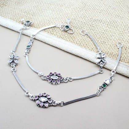 Indian Ethnic Style 925 Real Solid Silver CZ Oxidized Anklets Ankle 10.5"