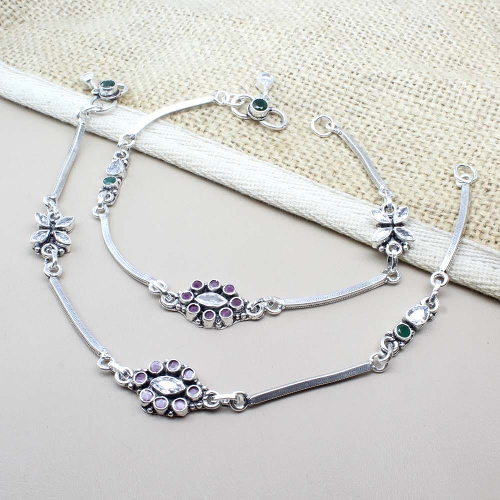 Indian Ethnic Style 925 Real Solid Silver CZ Oxidized Anklets Ankle 10.5"