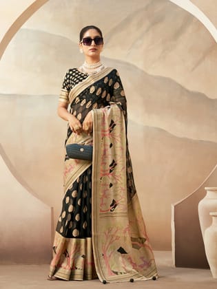 Black Pure Georgette Floral Printed Saree