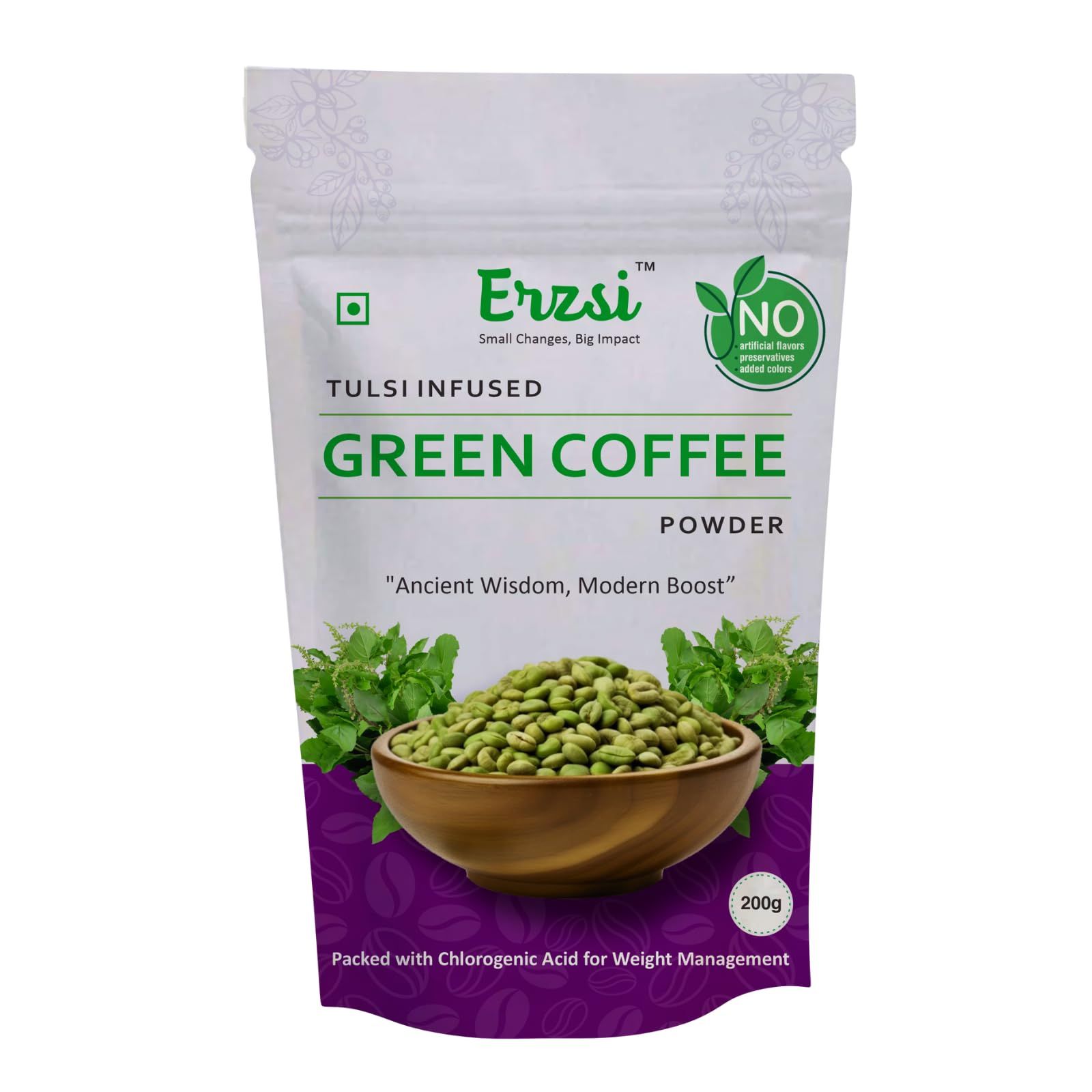 ERZSI Tulsi Infused Green Coffee Powder | Weight Loss & Detox Supplement | Organic Unroasted Coffee Beans with Holy Basil | Fast-Acting for Weight Management | 200g
