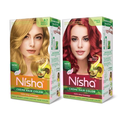 Nisha Creme Hair Color Combo, Pack of 2 Golden Blonde & Cherry Red